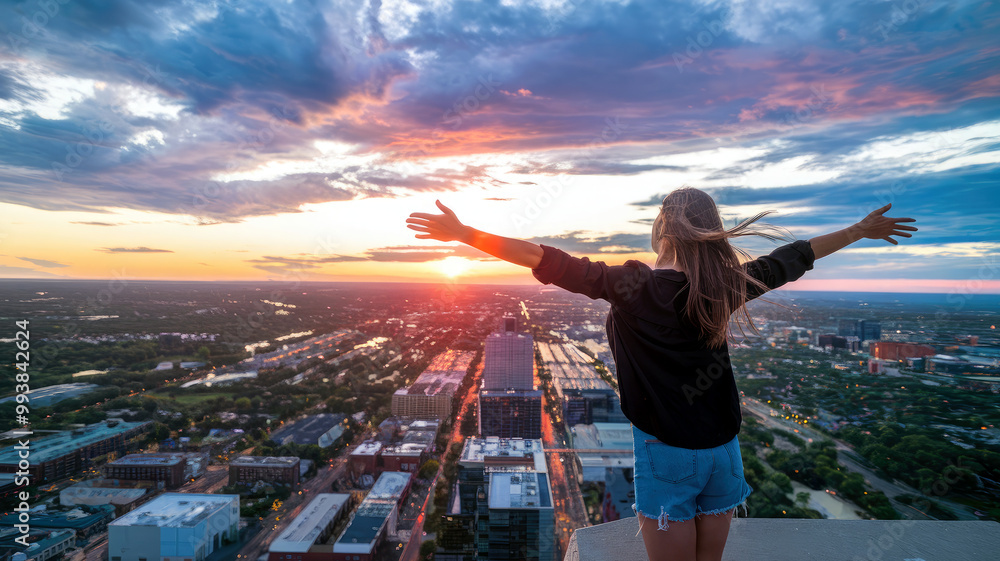 Woman with arms outstretched standing on building edge overlooking cityscape. Woman with arms outstretched standing on building edge overlooking cityscape.