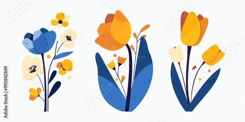 Three Colorful Flowers on a Clean White Background