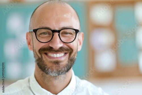 Close-up portrait of a smiling bald man with glasses in a bright indoor setting, showcasing a cheerful and friendly expression.