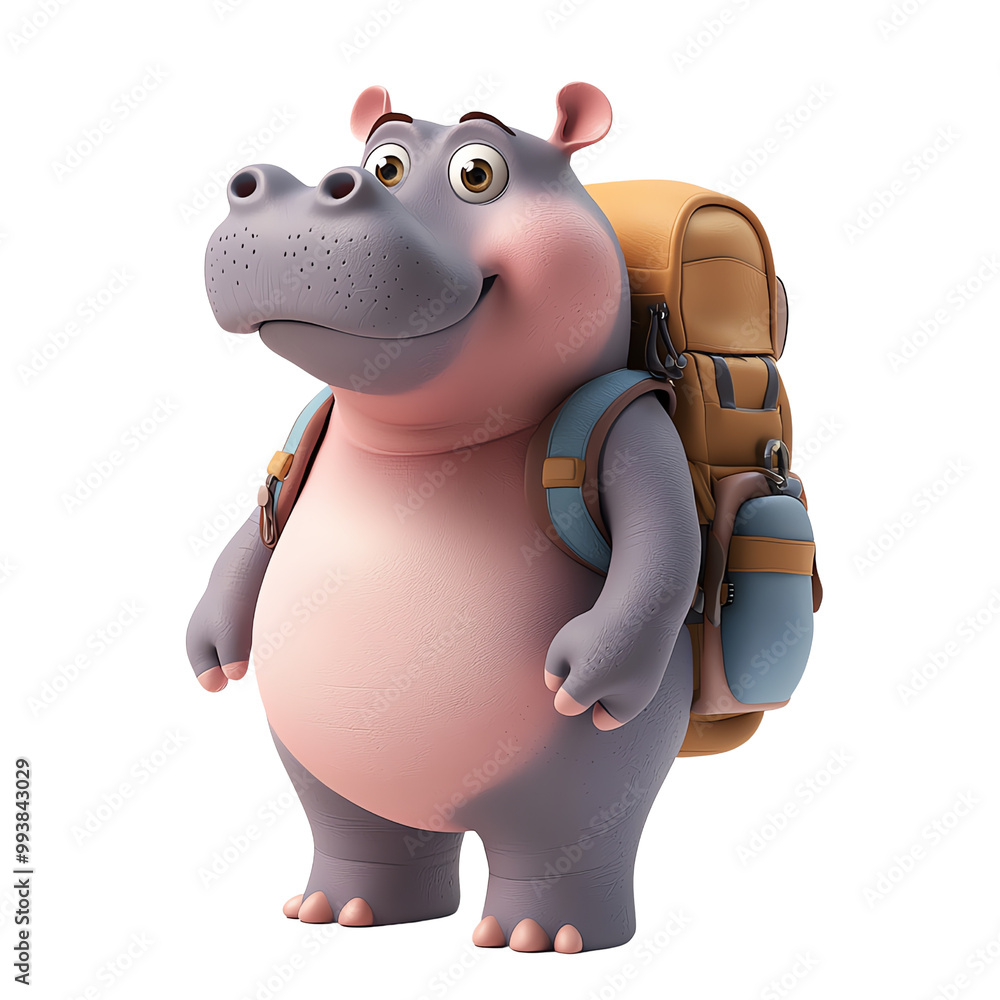 Cute cartoon hippo character with a backpack, ready for an adventure in a vibrant and playful design. Perfect for children's themes.,transparent background Cute cartoon hippo character with a backpack, ready for an adventure in a vibrant and playful design. Perfect for children's themes.,transparent background