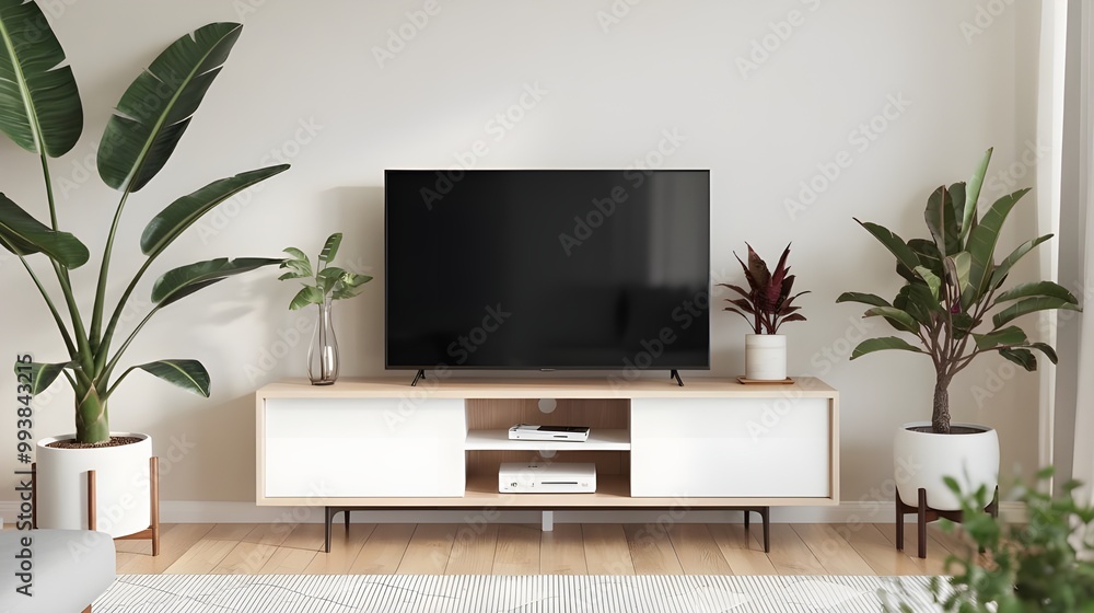 Modern Living Room Interior Design with TV Stand Plants and Rug Modern Living Room Interior Design with TV Stand Plants and Rug