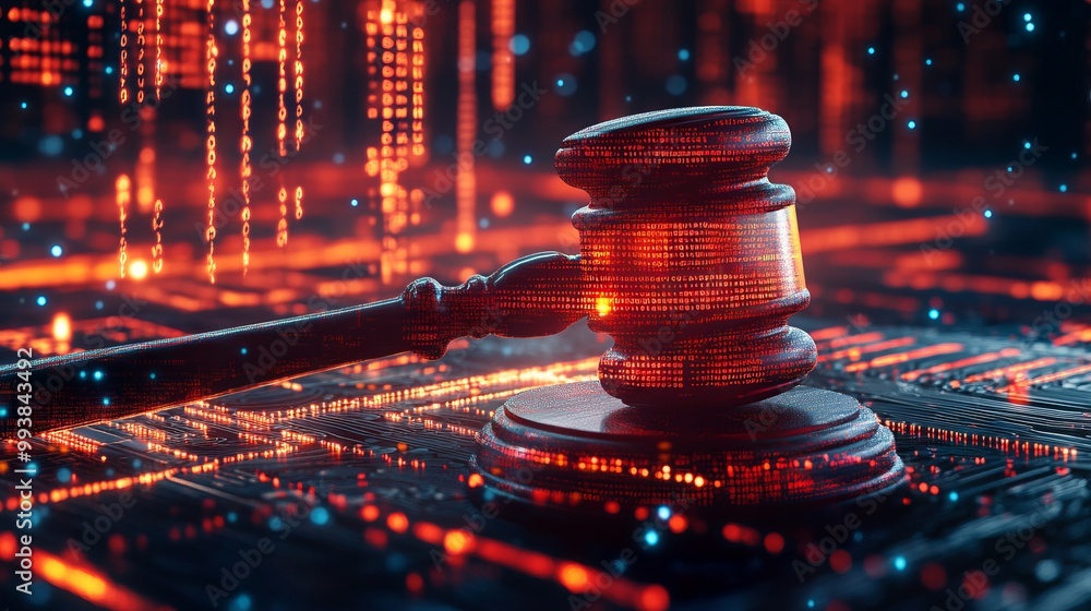 Digital Gavel Over Binary Code and Computer Chip Background. AI generated illustration Digital Gavel Over Binary Code and Computer Chip Background. AI generated illustration