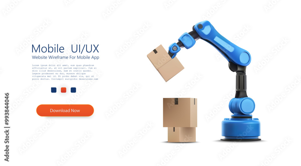 Robotic arm with a blue design holding a cardboard box, representing warehouse automation and logistics in modern industries. Mechanical arm highlights advanced technology. Vector illustration Robotic arm with a blue design holding a cardboard box, representing warehouse automation and logistics in modern industries. Mechanical arm highlights advanced technology. Vector illustration
