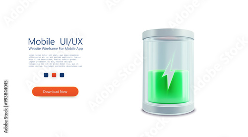 3D vector illustration of a transparent glass battery with a green energy charge and a lightning bolt symbol, representing renewable energy, sustainability, and battery technology advancements