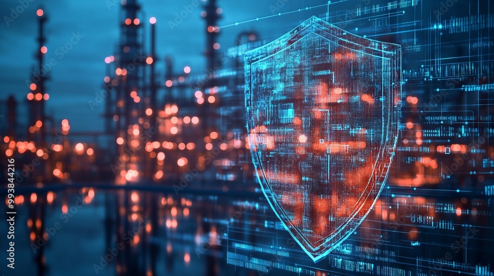 Digital Shield Over Oil Plant with Data Stream Background. AI generated illustration Digital Shield Over Oil Plant with Data Stream Background. AI generated illustration