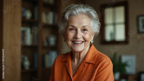 Elderly woman in an orange blouse smiling joyfully.