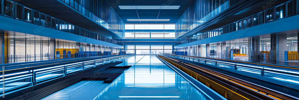 Fototapeta premium Warenlager mit gut organisierten Regalen und Stapeln von Kartons und Paletten. 