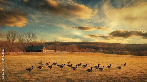 Farm landscape with a flock of geese walking in the open field, no people, large copy space available.