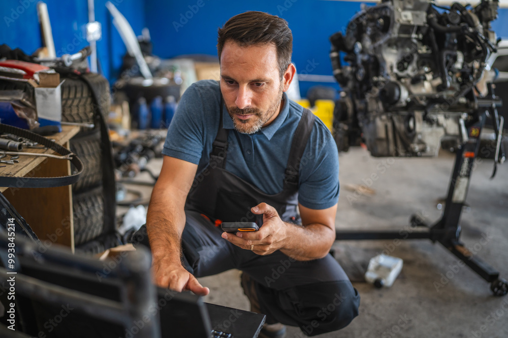 Car mechanic inspect engine, use a laptop and mobile phone in garage Car mechanic inspect engine, use a laptop and mobile phone in garage