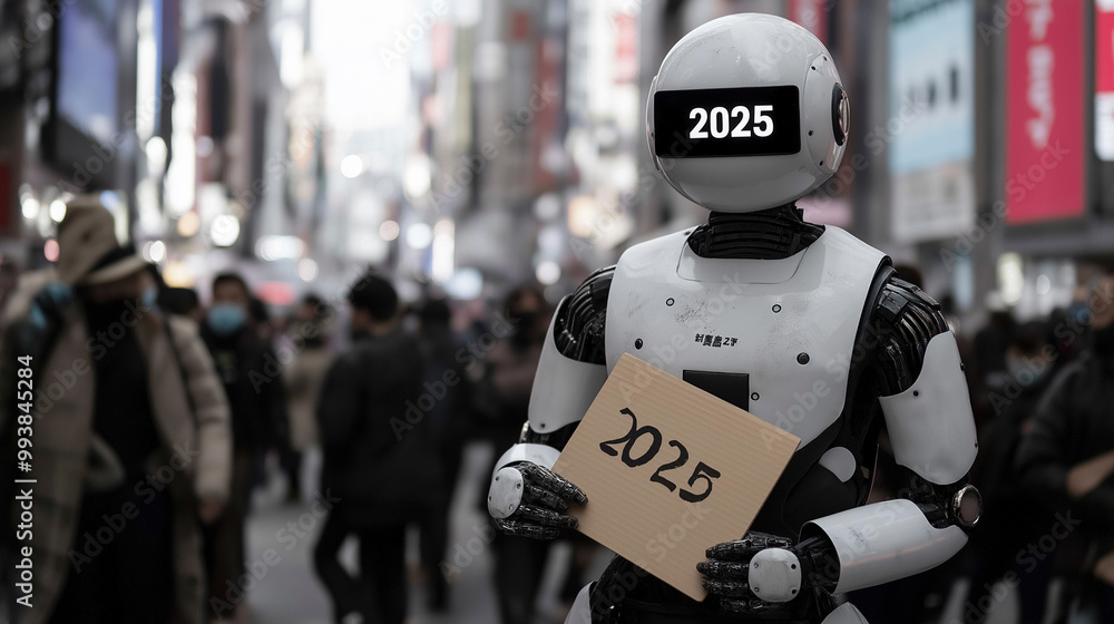 A robot holds a cardboard sign with the number 2025 while surrounded by a crowd of people on a busy city street A robot holds a cardboard sign with the number 2025 while surrounded by a crowd of people on a busy city street
