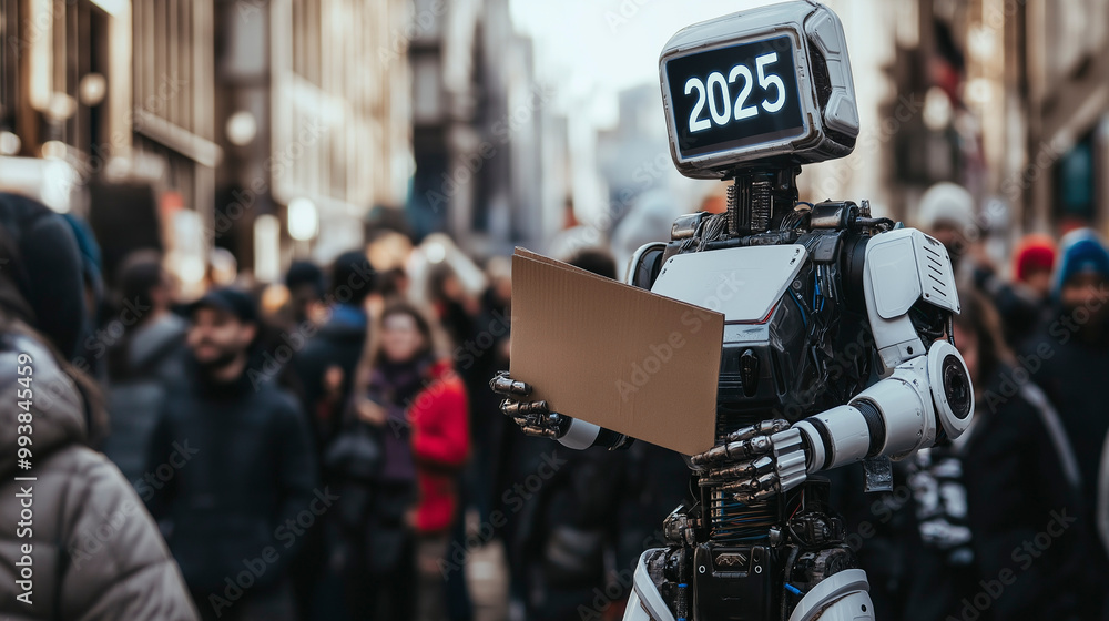 A robot holds a cardboard sign with the number 2025 while surrounded by a crowd of people on a busy city street A robot holds a cardboard sign with the number 2025 while surrounded by a crowd of people on a busy city street