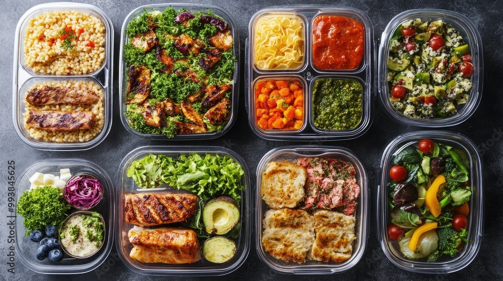 Flat lay of portioned meals in containers, representing meal prep for a weight loss diet, with copy space. Flat lay of portioned meals in containers, representing meal prep for a weight loss diet, with copy space.