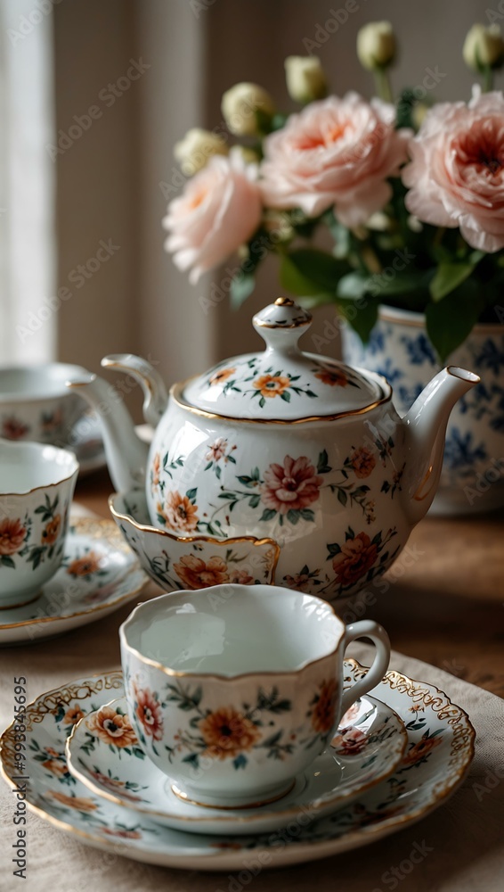 Elegant porcelain tea set with floral design for afternoon tea. Elegant porcelain tea set with floral design for afternoon tea.