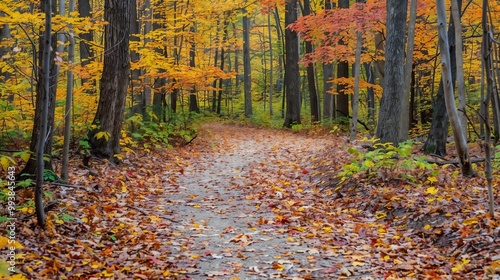 Colorful autumn forest path covered with leaves for nature exploration concept photo