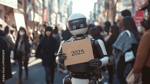 A robot holds a cardboard sign with the number 2025 while surrounded by a crowd of people on a busy city street