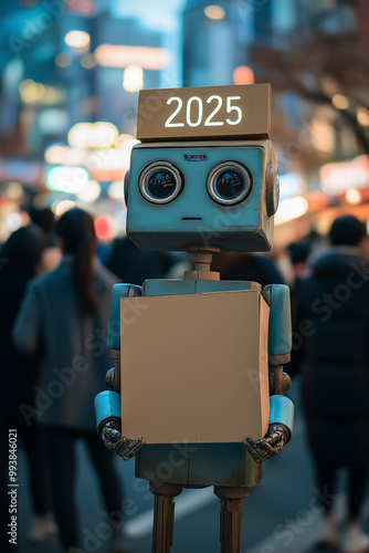 A robot holds a cardboard sign with the number 2025 while surrounded by a crowd of people on a busy city street