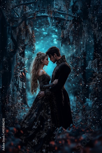 A romantic encounter between a couple in a magical forest filled with sparkling lights at night