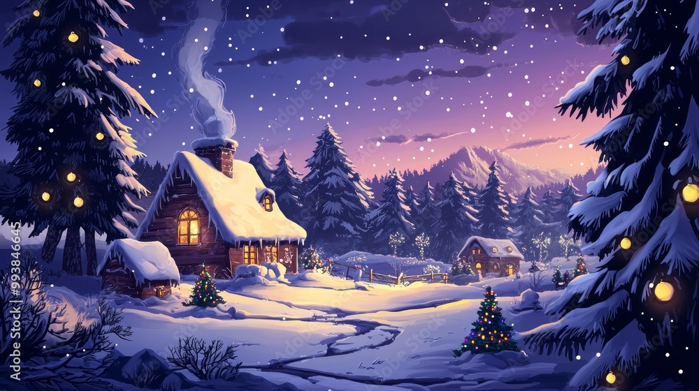 A cozy cabin nestled in a snowy forest with a warm glow and decorated Christmas trees. A cozy cabin nestled in a snowy forest with a warm glow and decorated Christmas trees.