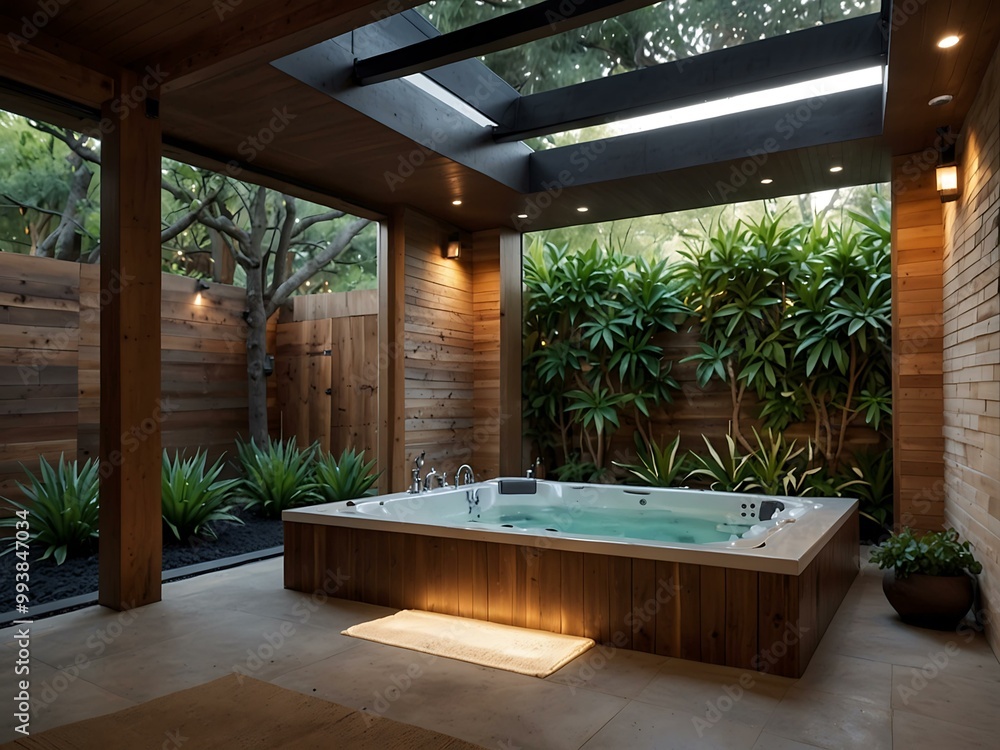 Enclosed garden spa with plush towels, warm lighting, and a bubbling spring. Enclosed garden spa with plush towels, warm lighting, and a bubbling spring.