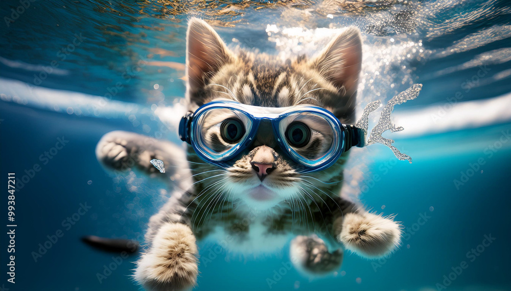 A funny smiled little kitten dives with a splash of water underwater in swimming goggles taking a selfie underwater. A funny smiled little kitten dives with a splash of water underwater in swimming goggles taking a selfie underwater.