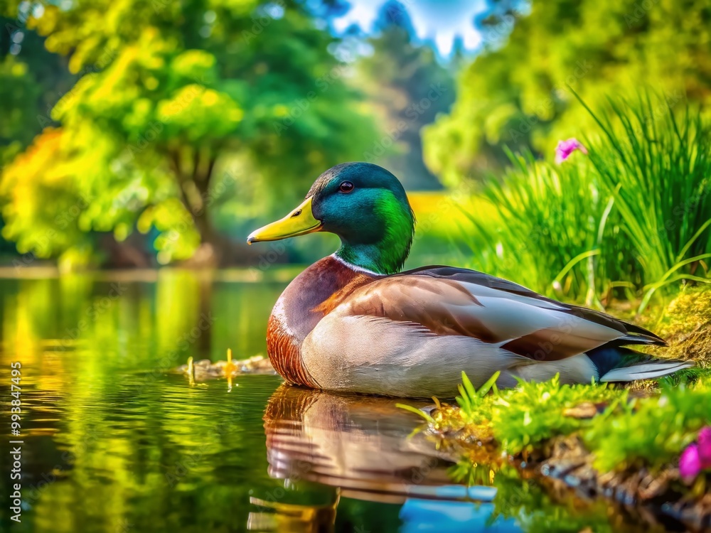 Fototapeta premium A peaceful drake resting by the water's edge, surrounded by lush greenery and serene nature scenery