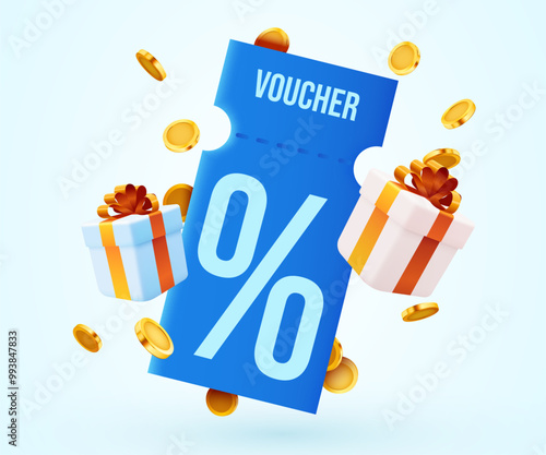 3d coupon with golden coins and present box. Special giveaway with coupons or voucher, percentage off. Gift voucher and gold coin sign template.