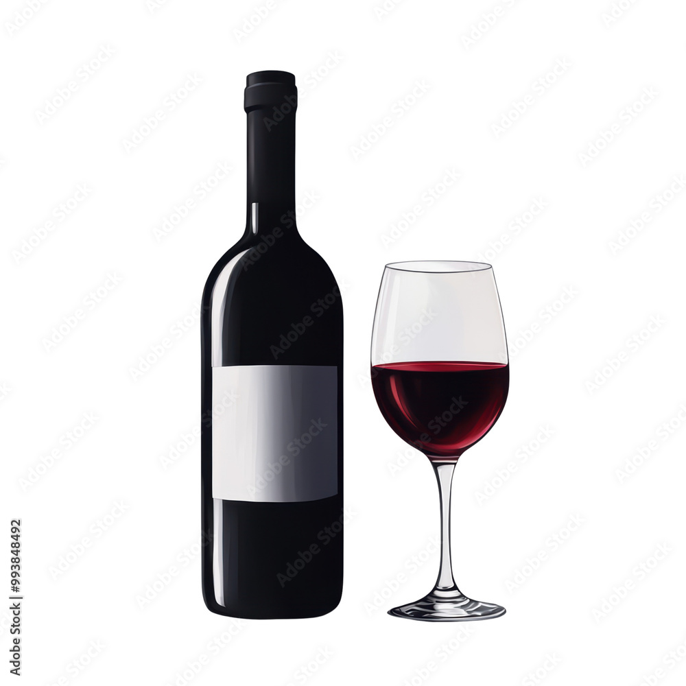 Red wine bottle and glass isolated on white, transparent Red wine bottle and glass isolated on white, transparent