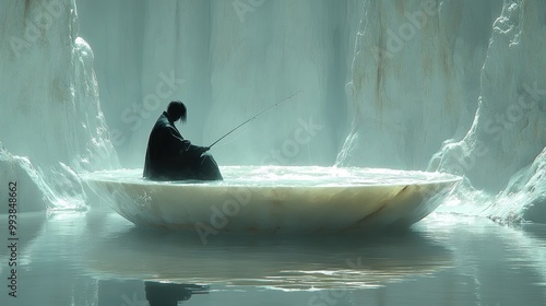 A serene figure fishing in a tranquil, ethereal setting. photo