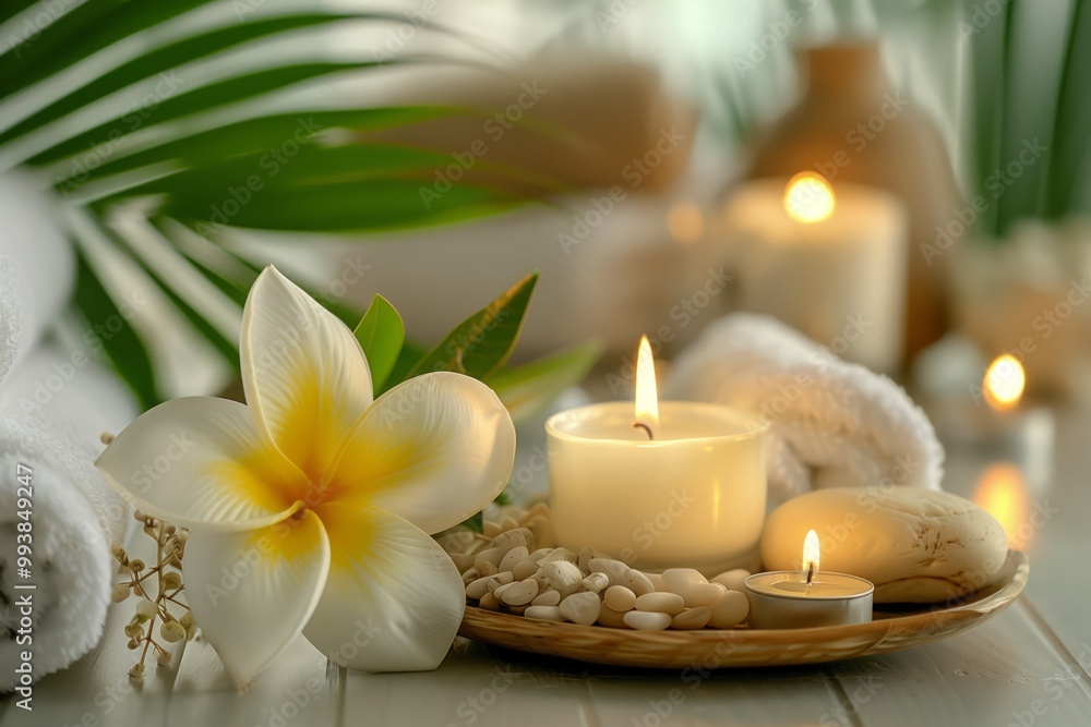 Spa with beautiful tropical flowers, green leaves and burning candles. An atmosphere of calm and relaxation Spa with beautiful tropical flowers, green leaves and burning candles. An atmosphere of calm and relaxation