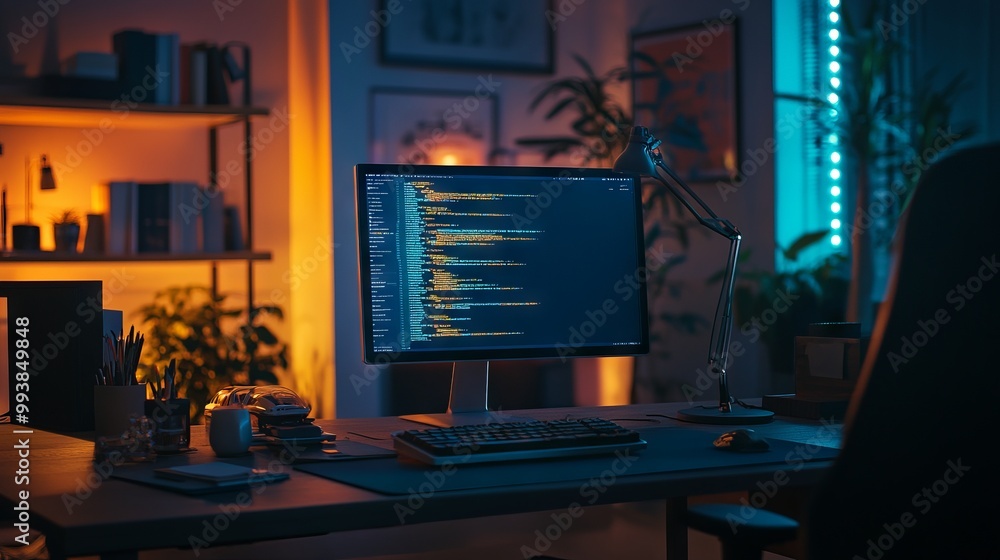 Cozy Nighttime Office with Computer and Gadgets. AI generated illustration Cozy Nighttime Office with Computer and Gadgets. AI generated illustration