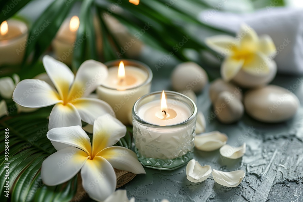 A table with candles, a towel, and flowers A table with candles, a towel, and flowers