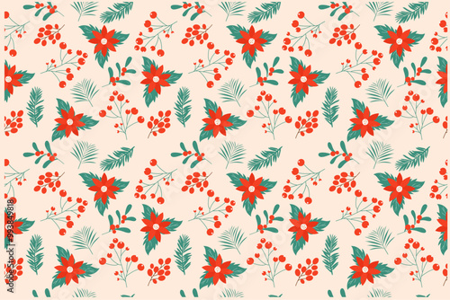 Winter seamless pattern with poinsettia, red berries. Hand drawn vector design.