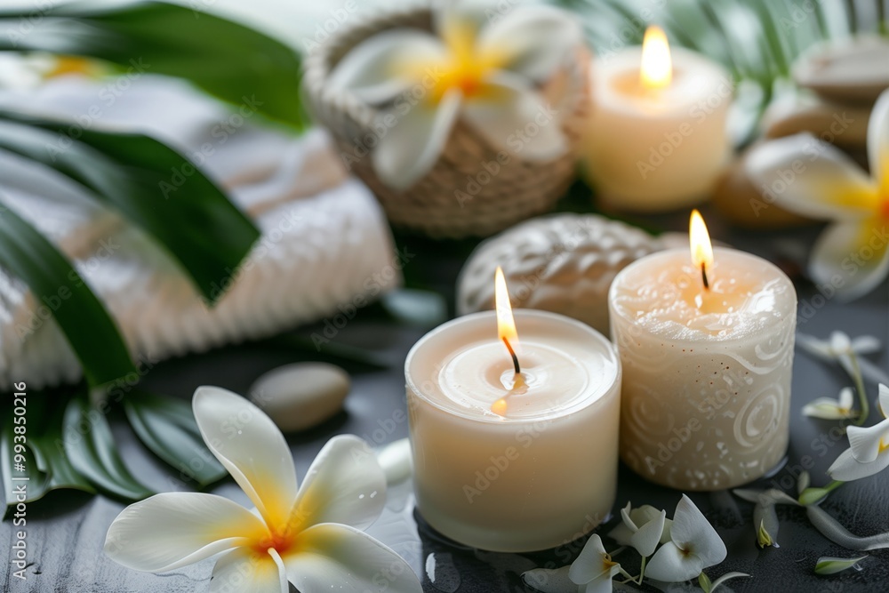 A table with candles, a towel, and flowers A table with candles, a towel, and flowers