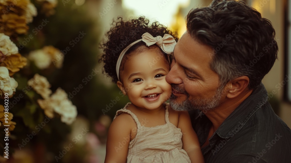 Fototapeta premium Father joyfully kissing daughter in garden during sunset, wearing summer outfits and smiling
