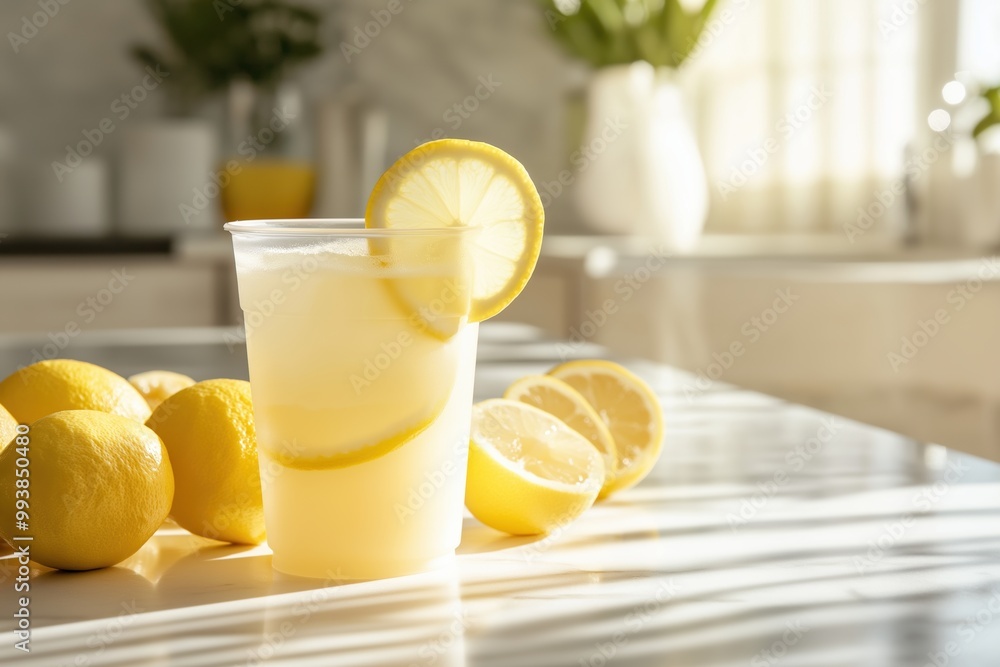 Fototapeta premium Lemonade in transparent cup with lemon slices, fresh lemons on countertop, soft sunlight