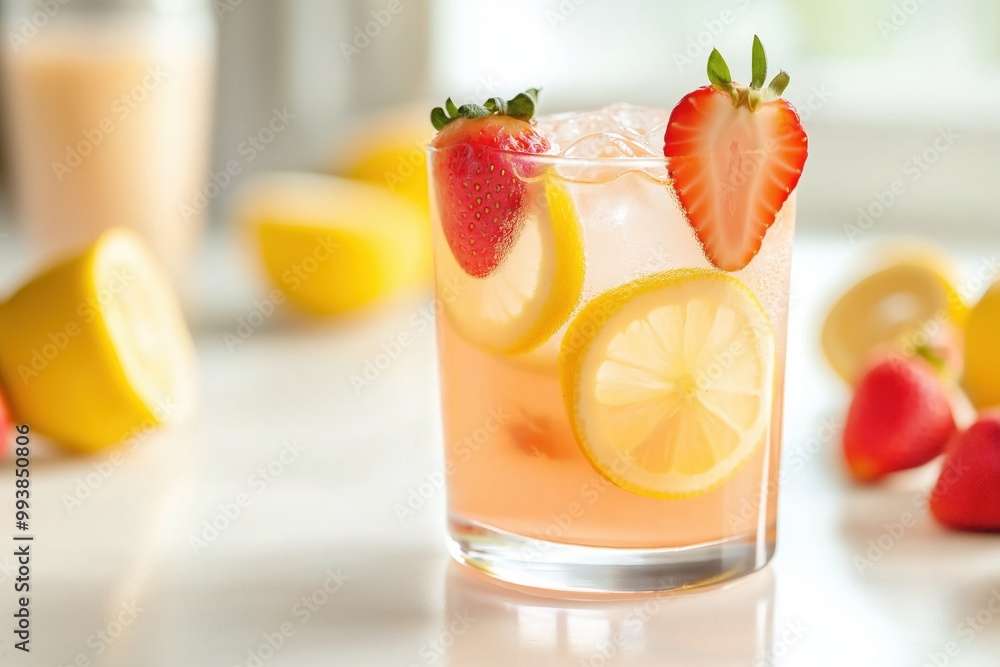 Refreshing fruit cocktail with strawberries and lemon slices, closeup view. Summer drink with ice cubes Refreshing fruit cocktail with strawberries and lemon slices, closeup view. Summer drink with ice cubes