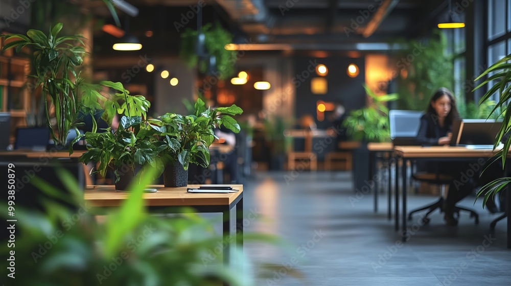 Contemporary Open-Space Office with Lush Greenery. AI generated illustration Contemporary Open-Space Office with Lush Greenery. AI generated illustration