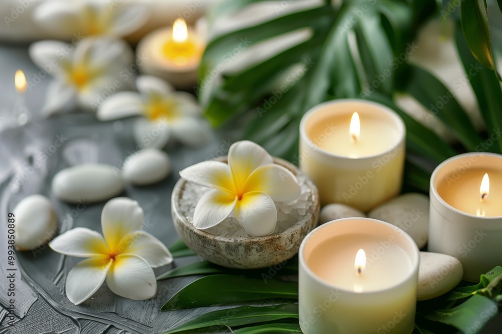 Table with white and yellow flowers, burning candles and green tropical leaves Table with white and yellow flowers, burning candles and green tropical leaves