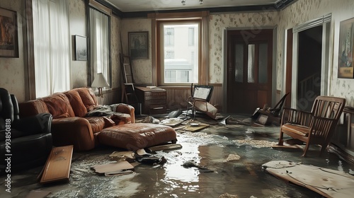 Interior Damage After Flood in Montreal Home Under Construction. AI generated illustration