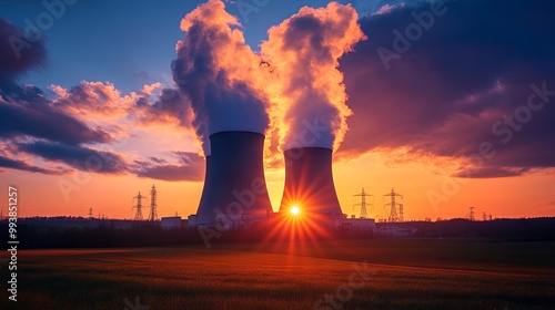 Nuclear Power Plant Against a Sunset Sky: Energy and Environment. AI generated illustration