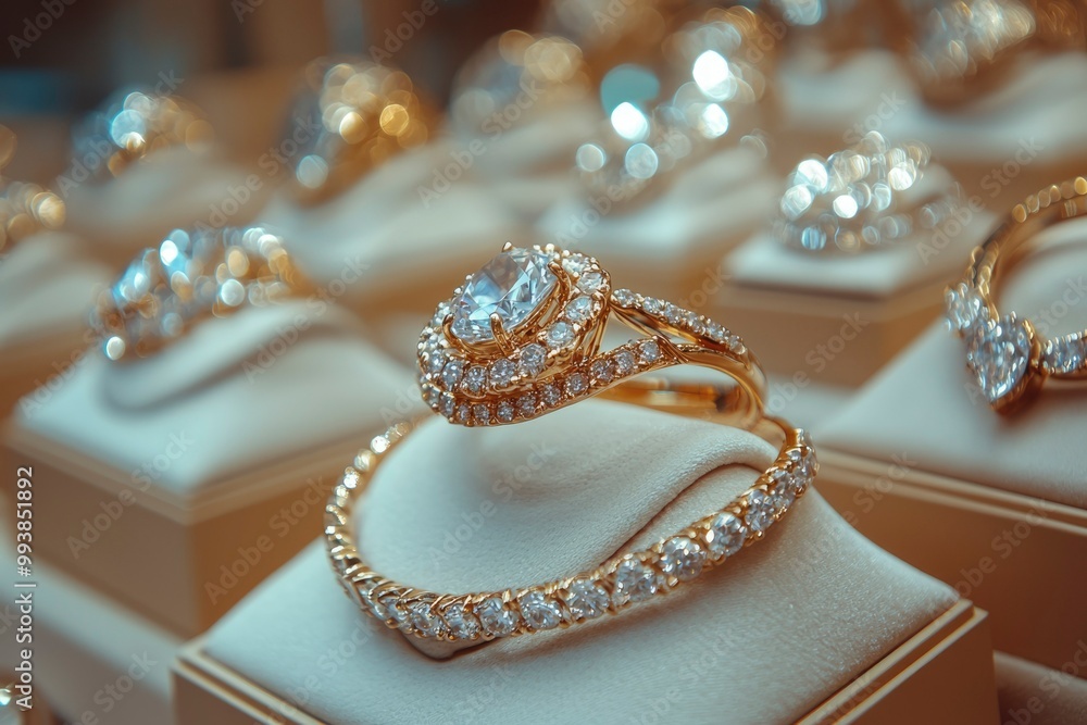 Close-up of a Diamond Ring and Matching Band in a Jewelry Display Case Close-up of a Diamond Ring and Matching Band in a Jewelry Display Case