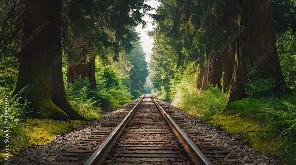 Obraz premium Rlroad Tracks Through Lush Green Forest with Sunlight