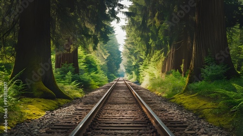 Rlroad Tracks Through Lush Green Forest with Sunlight photo