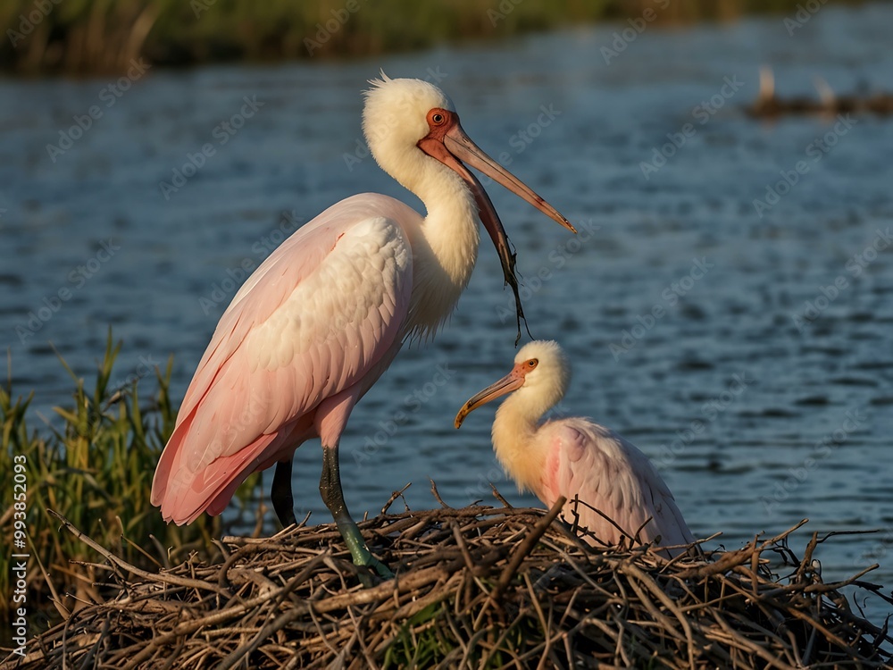 Feeding time at a spoonbill nest. Feeding time at a spoonbill nest.