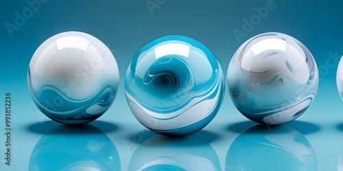 Glass marbles in various shades of blue and white, arranged on a teal background