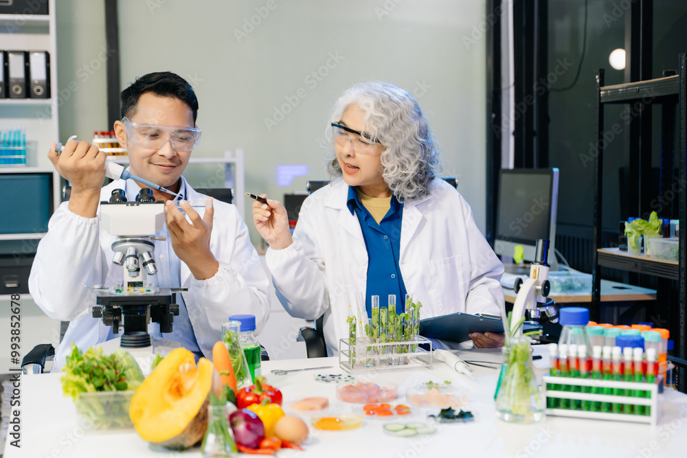 Team Asian scientists in a lab conducting food research using a microscope and lab equipment, showcasing innovation Team Asian scientists in a lab conducting food research using a microscope and lab equipment, showcasing innovation