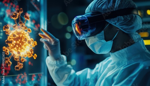 A scientist wearing VR goggles examines a 3D virus model, showcasing the intersection of technology and healthcare. photo