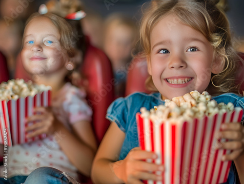 Three generations snuggled on couch, watching old Fourth of July movies, popcorn bowls scattered. photo