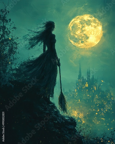 Mystical Witch Under Full Moon at Night