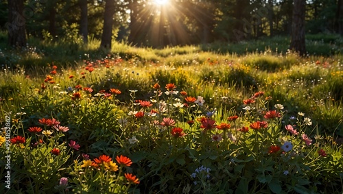 Field of wildflowers with sunlight filtering through trees.